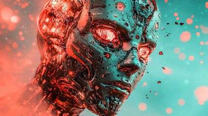 Poster - Futuristic robotic face with intricate circuitry glowing in red and blue, showcasing advanced technology and innovation