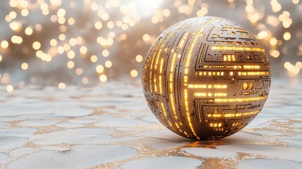 Poster - Futuristic metallic sphere with glowing circuit patterns on a textured surface against a dreamy bokeh background