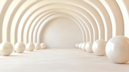 Poster - White minimal interior design with arches and large spheres creating a futuristic and calming atmosphere