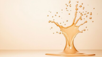 Poster - Splash of Creamy Liquid in Air Creating Droplets on Light Beige Background for Beverage and Food Concepts