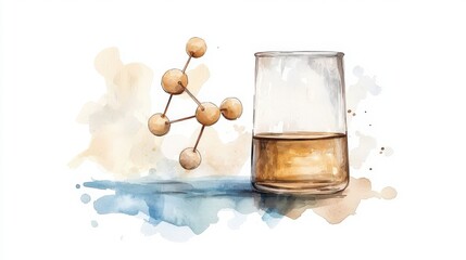 Poster - Artistic Representation of Chemical Structure with Glass and Liquid in Watercolor Style for Science Concepts