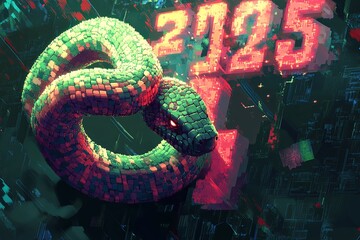 Poster - Creative representation of a snake intertwined with digital elements showcasing the year 2025. Generative AI
