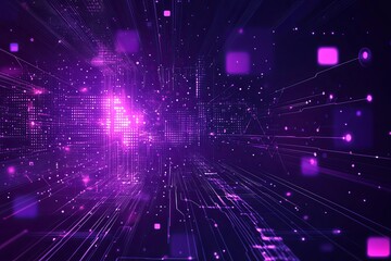 Fototapete - Dynamic abstract visualization of data transmission in vibrant purple hues and glowing elements at night. Generative AI