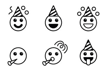 Wall Mural - party emoji line art icon set with cheerful emoticons wearing hats and blowing party horns for celeb