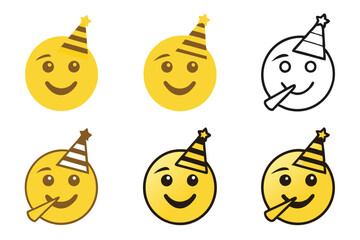 Wall Mural - minimalist vector icon set of party emojis featuring hats, party horns, and cheerful expressions in 
