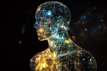 Poster - Cosmic human silhouette with stars and galaxies shining through in a dark background. Generative AI