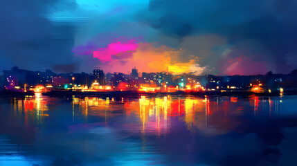 Vibrant city lights glow at dusk digital painting abstract style. ai generated. Nightfall. Illustration