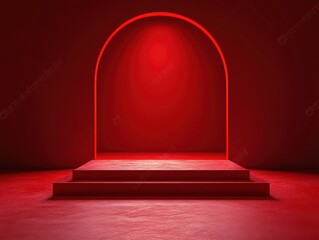 Poster - Red Podium for Product Display in Minimalist Scene with Dramatic Lighting