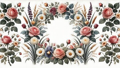  Elegant floral frame with roses, daisies, and tulips arranged symmetrically on a white background