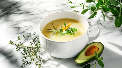 Wall Mural - Creamy Avocado Soup Recipe Garnish Herbs Flower White Bowl