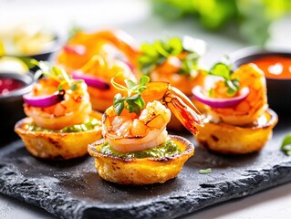 Wall Mural - Delicious Grilled Shrimp Appetizers with Pesto and Microgreens Gourmet Food Photography