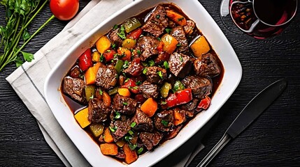 Wall Mural - Delicious Beef Stew with Colorful Peppers Savory Dinner Dish