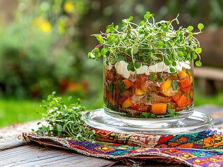 Wall Mural - Vibrant Vegetable Salad with Creamy Topping and Fresh Microgreens Garden Freshness