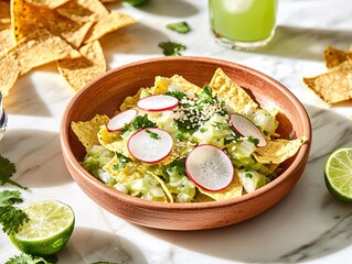 Wall Mural - Delicious Avocado Nachos with Radishes Cilantro and Sesame Seeds