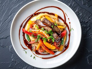 Wall Mural - Delicious Beef Stir Fry with Noodles and Colorful Peppers Savory Asian Cuisine