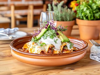 Wall Mural - Delicious Enchiladas with Avocado and Fresh Herbs Gourmet Mexican Food Dish