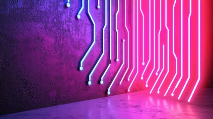 Poster - Abstract neon circuit patterns on dark textured wall showcasing modern technology and vibrant light effects