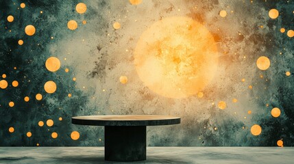 Poster - Abstract artistic depiction of a cosmic scene with glowing orbs and a circular table in the foreground