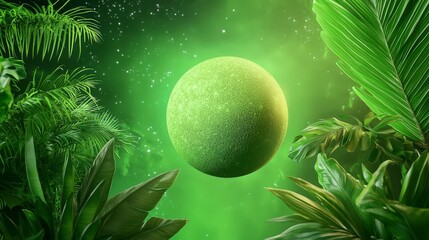 Poster - Lush Green Planet Surrounded by Vibrant Tropical Foliage and Ethereal Cosmic Background