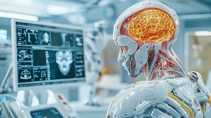 Poster - Futuristic humanoid robot with transparent skull and glowing brain in a high-tech laboratory setting
