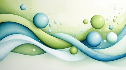 Poster - Abstract Waves and Spheres in Soft Green and Blue Shades for Modern Art and Design Projects