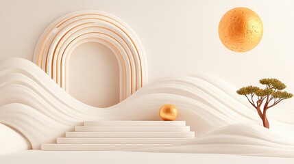 Poster - Abstract minimal design with curved shapes, golden spheres, tree, and arch in a serene, modern landscape setting