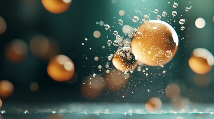 Poster - Abstract image of golden bubbles and shimmering spheres floating in air with a blur of turquoise backdrop