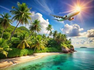 Wall Mural - Exotic Island Escape: Jet Plane Soaring Over Lush Palm Trees and Turquoise Waters