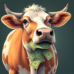 cow with money in the mouth illustration