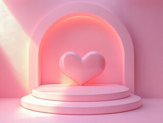 Poster - Minimalist 3D Heart Shaped Podium for Product Display in Soft Pink Environment