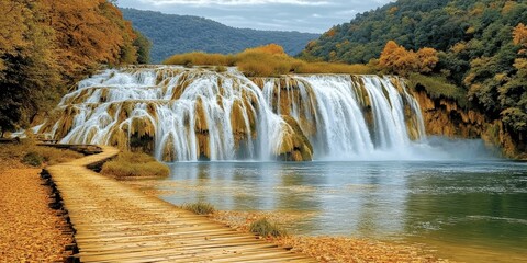 Wall Mural - Majestic Waterfall Cascading Over Lush Autumn Forest - Serene Natural Landscape for Travel, Wanderlust, and Nature Lovers - Idyllic Scenery with Colorful Foliage