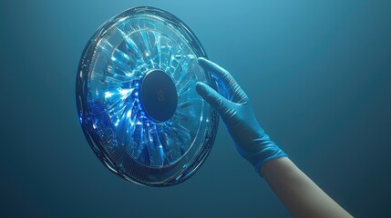 Poster - Gloved Hand Holding Futuristic Blue Disc Technology