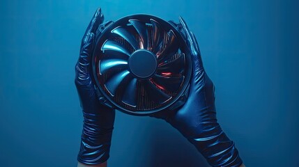 Poster - Gloved hands hold a computer cooling fan