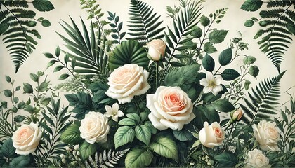 Lush green botanical background with vibrant foliage and soft ivory roses for a fresh and modern wedding design