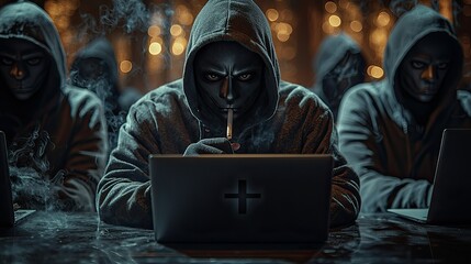 Fototapete - Masked Hackers Working On Laptops In A Dark Room