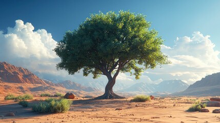 Wall Mural - Tree in arid landscape under blue sky.