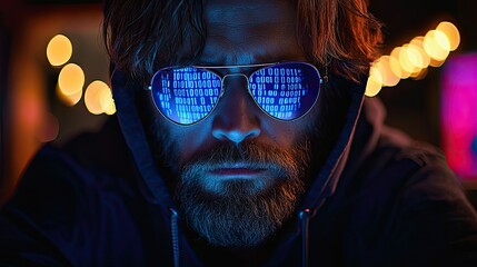 Fototapete - A hooded man wearing sunglasses reflects binary code