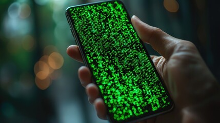 Poster - A hand holds a smartphone displaying green code