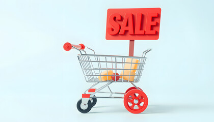 shopping cart race - sale 3d concept, papercraft. isolated with white highlights