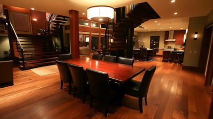 Wall Mural - Modern dining area with wooden table, sleek chairs, and a staircase in an open-plan home.