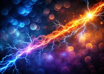 Wall Mural - Fiery Electric Lightning Bolt Isolated, Bokeh Background - Storm Energy Stock Photo