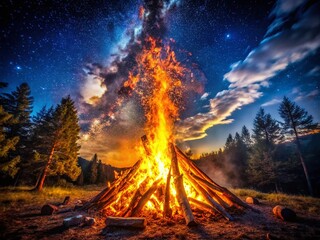 Wall Mural - Fiery Night Landscape: Burning Ember Glow in Dark Wilderness