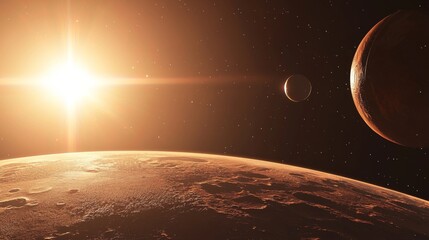 Wall Mural - breathtaking view of distant planets and a star rising over an alien landscape in space