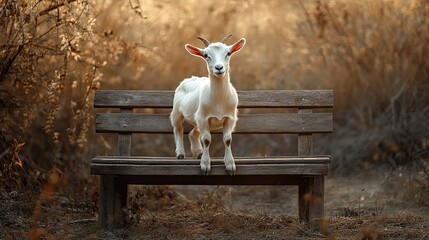 Wall Mural - White goat sitting on bench, autumn field background, nature scene, animal photography.