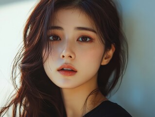 Poster - Young woman with long dark hair and captivating gaze looking softly at the camera against a pastel background, showcasing natural beauty and elegance in a portrait style.