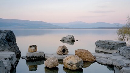 Wall Mural - tranquil lakeside scene featuring smooth rocks reflecting in calm water under a pastel sky at dusk. 