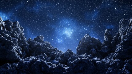 Wall Mural - Vast Night Sky with Stars Over Rugged Rocky Landscape Under Moonlight Illuminating Celestial Beauty