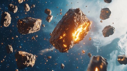 Wall Mural - dynamic asteroid field with bright explosions in a vast cosmic landscape