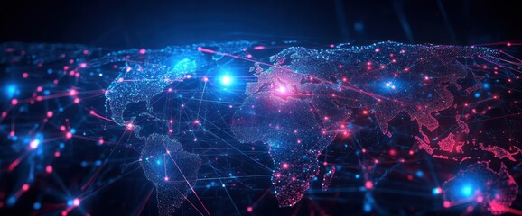 Aufkleber - Futuristic Cybernetic City Map with Wireless Network Connections and Neon Illuminations at Night