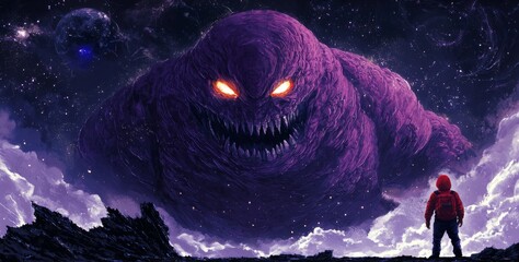 Wall Mural - awe-inspiring encounter with a cosmic creature under a starry sky in a surreal landscape